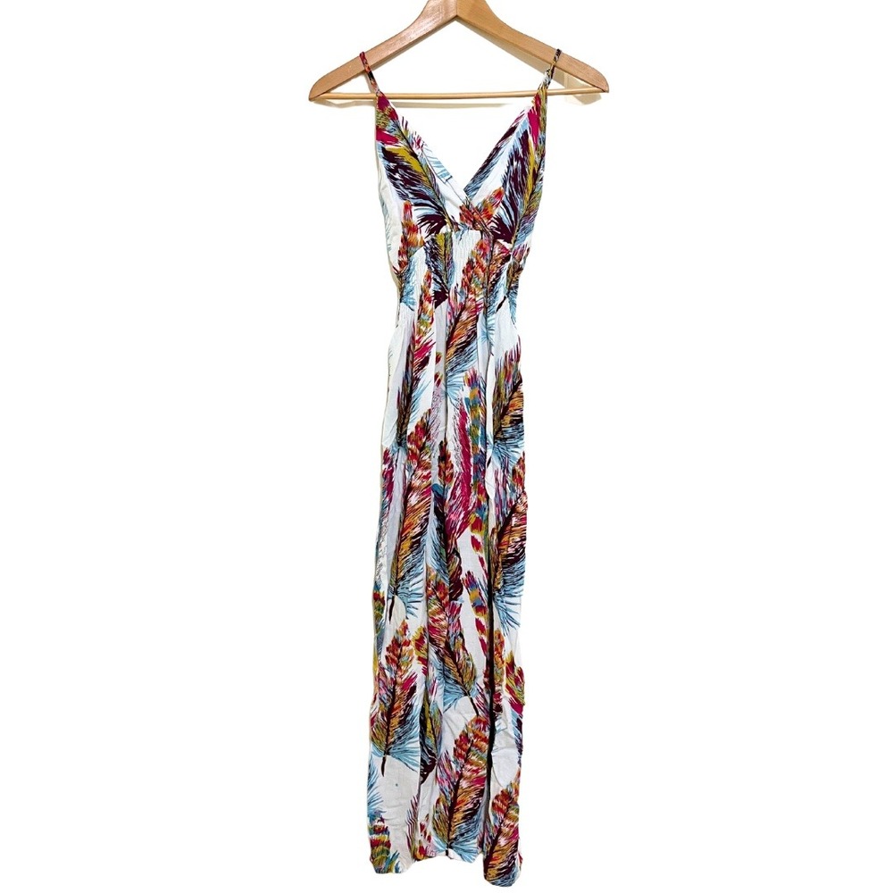 Feather Print White Rayon w Vibrant Pink Blue Yellow Flowy Boho Maxi Dress – OS